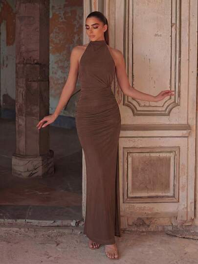 Faeriesty Chic Halter Backless Knotted Women's Summer Evening Dress, Perfect For Date Nights, Banquets, Formal Dinners, Weddings, And Special Events