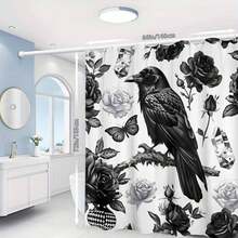 1Pc Gothic Crow & Floral Shower Curtain, Black & White Botanical Print, Machine Washable Polyester With 12 Hooks, Modern Elegant Bathroom Decor, Smooth Texture Fabric For Stylish Home Aesthetics, Bathroom Decor And Accessories - 顏色2 - 查看 9