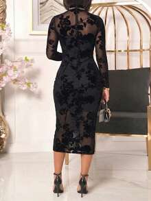 ChicMe 2 pezzi/Set Abito midi aderente da donna in velluto con fiori e rete, collo alto, con fodera, abito canottiera elegante per feste, cocktail, vacanze, nero, estivo - nero - Visualizzare 2