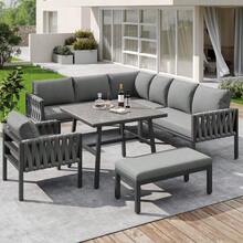 Garden Furniture Set, Rope Garden Furniture Set With Galvanized Iron Frame, Adjustable Legs, Corner Sofa, Tempered Glass Tabletop, Including All Seat And Back Cushions, Grey - Grey - View 2