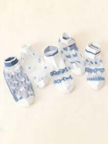 1/5 Pairs Random Transparent Blue & White Floral Low-Cut Socks, Breathable Invisible Socks, Suitable For Spring & Summer - Multicolor - View 2