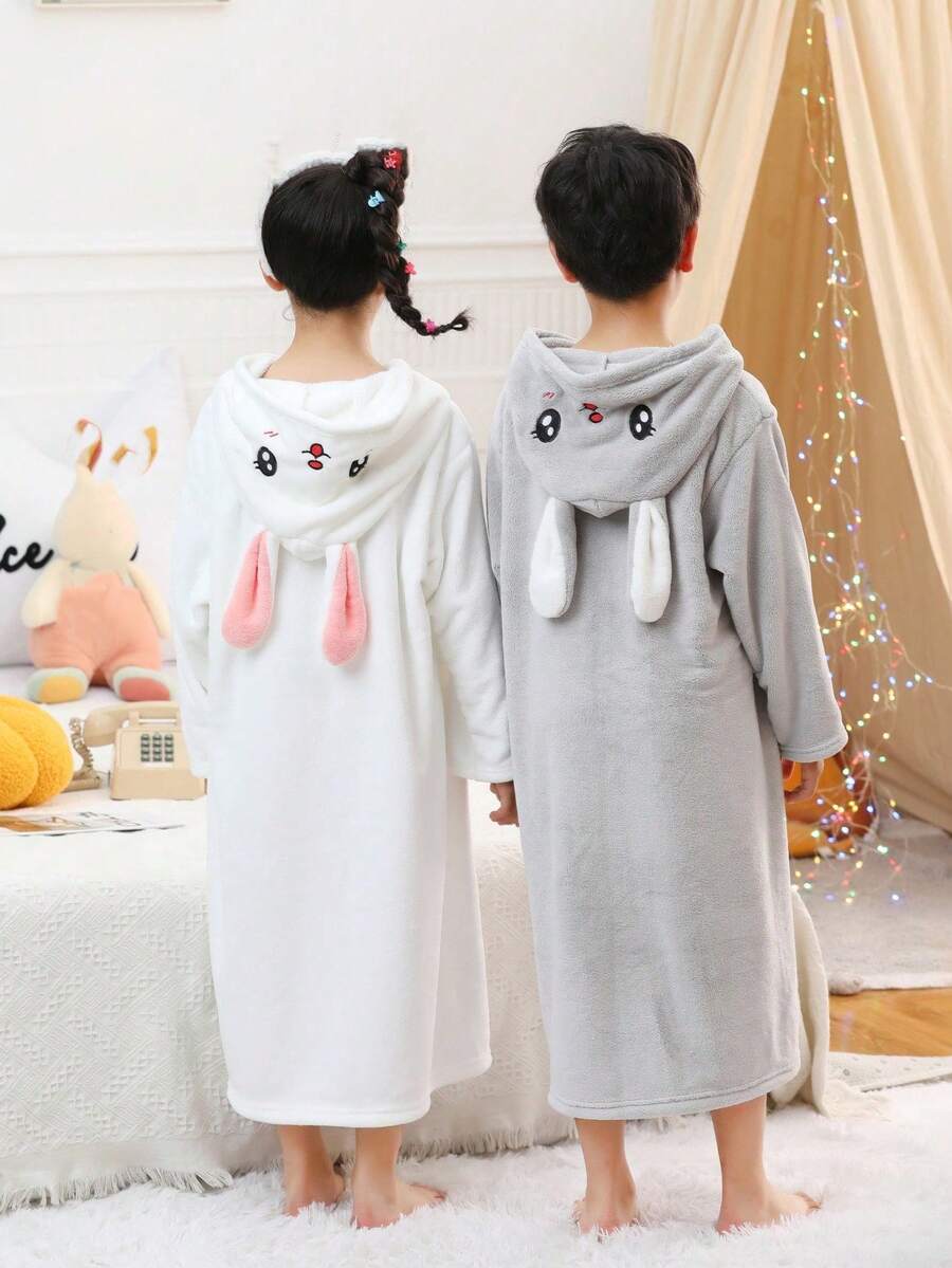 1pc Coral Fleece 3D Ear Rabbit Embroidered Hooded Bathrobe, Loungewear, High-End Home Robe, Suitable For Bathing, Pool, Gift - Multicolor - View 1
