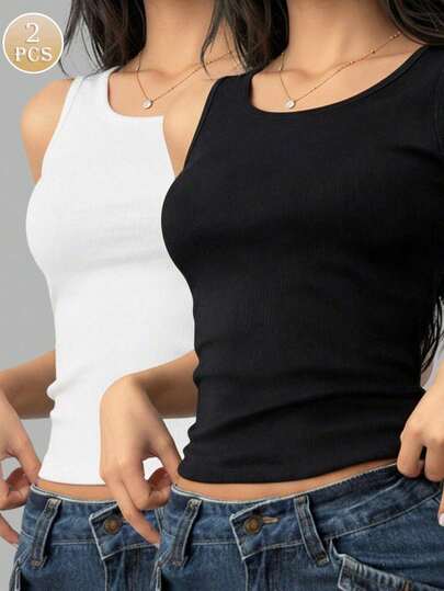 2pcs Women's Solid Color Round Neck Regular Knit Camisole, Daily Wear Sleeveless Cropped Top