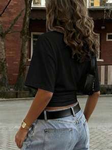 Y2K Sexy Casual Top With Pleated Waist And V-Neck, Fitted, Ideal For Daily Wear, Commuting, Dates And Summer Parties - 黑色 - 查看 3
