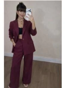 Women's Plus Size Set: Blazer And Wide Leg Pants, Linen Fabric - 甜菜 - View 1