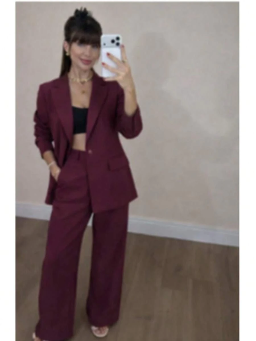 Women's Plus Size Set: Blazer And Wide Leg Pants, Linen Fabric - 甜菜 - View 1