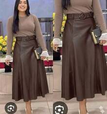 High-Waisted A-Line Midi Skirt – Elegant In Faux Leather, Stylish, Casual, Cute, Party, PU Leather, Side Zipper, Evening, Office, Wedding, Dating, Stage And Concert, Autumn And Winter - 巧克力棕 - 查看 3