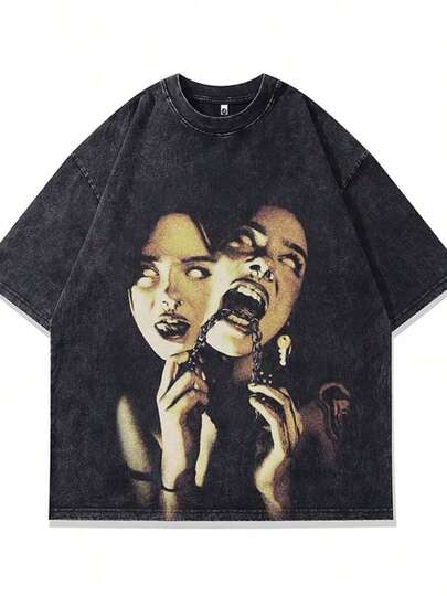 1 Piece 230g Retro Horror Pattern T-Shirt - Soft Cotton, Hip-Hop Style, Short Sleeve, Distressed Black With White Pattern Design - Comfortable And Machine Washable, Casual Wear, Retro T-Shirt Is The Best Choice For Halloween And Christmas,Cosplay