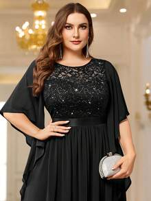 Plus Size Elegant Sequin Lace Patchwork Chiffon Butterfly Sleeve Ruffle Hem Formal Party Maxi Dress Spring Black - Black - View 8