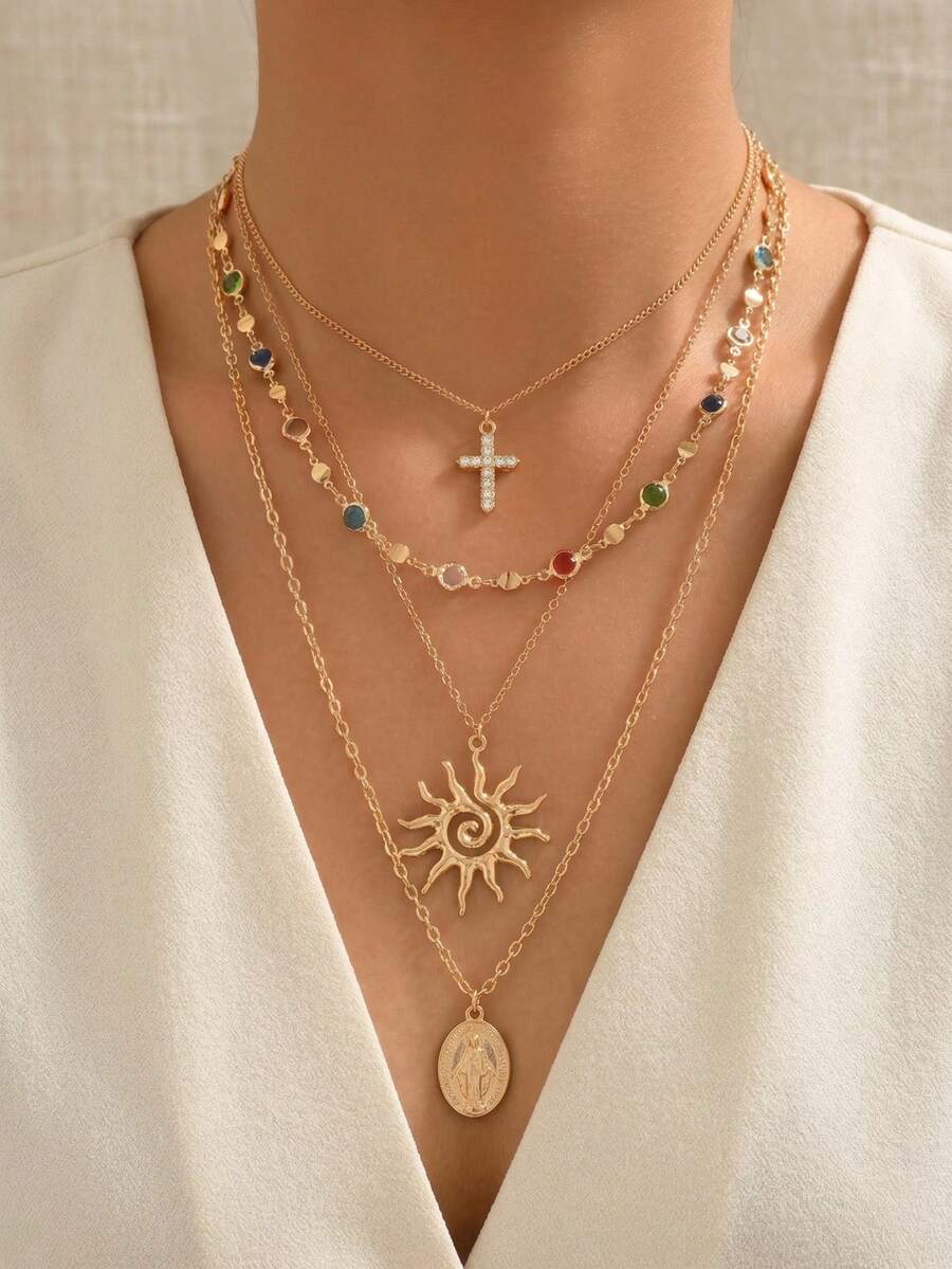 Bộ 4 dây chuyền mặt dây chuyền hình chữ thập mặt trời mạ vàng thời trang, dây chuyền đính đá nhiều lớp sang trọng, thích hợp để đeo hàng ngày, đi chơi và hẹn hò. - Nhiều màu - Xem 1