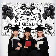 Coquette Felicidades Grad telón de fondo negro arco 2025 fotografía de graduación, fondo coqueta, clase temática de fiesta de graduación 2025, globo para fotos de corazón, 6 x 4 pies - 8x6 pies - Ver 7
