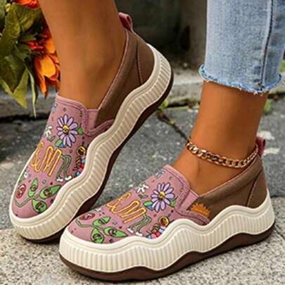 joy&mario J&M 1 Pair Women Cartoon Print Platform Slip-On Sneakers, Breathable Canvas Colorblock Wavy Sole Casual Shoes For Daily Walking & Streetwear
