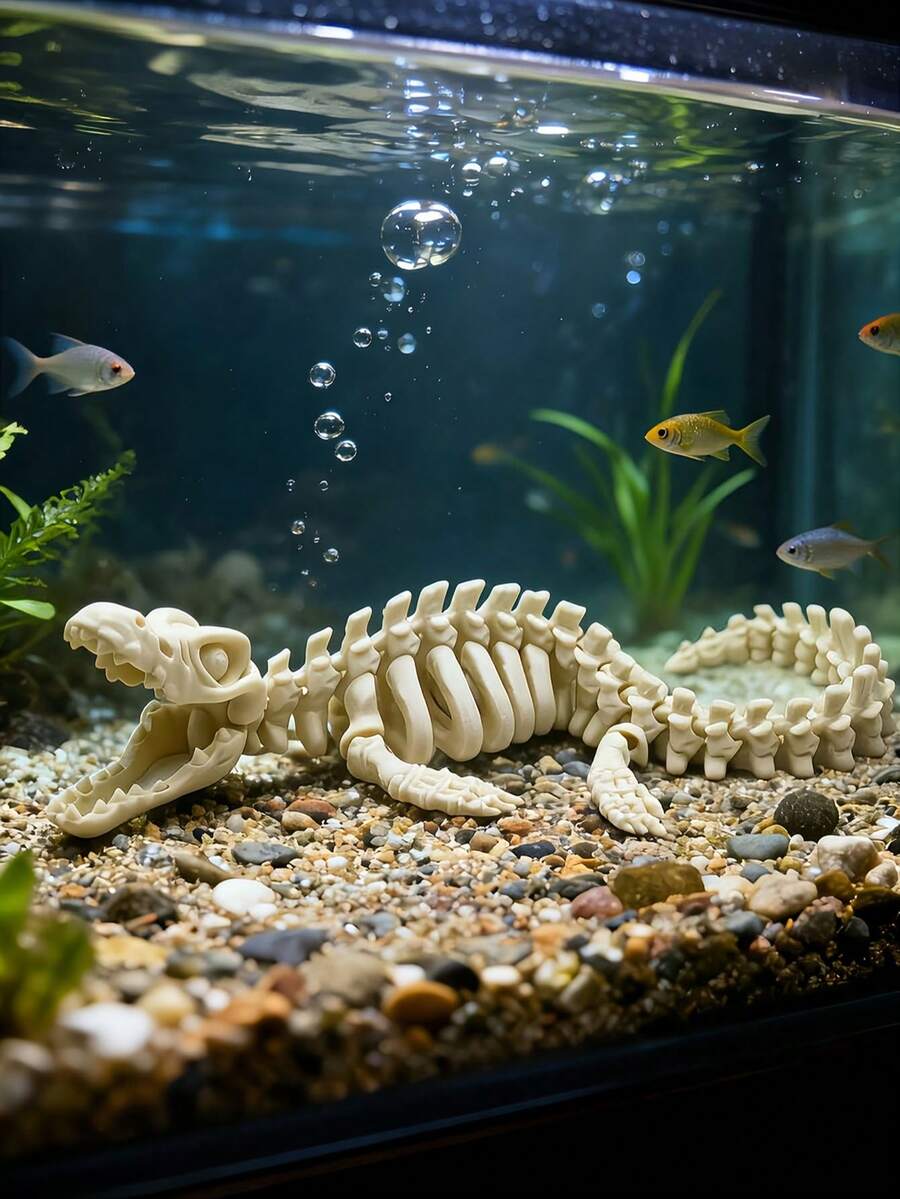 1件逼真沧龙骨架模型，水族箱装饰，迷你恐龙骨架模型，带白色鳍和尾巴，适用于鱼缸装饰、景观点缀、海洋爬行动物展示、古生物学、主题礼品，是收藏家和水族爱好者的理想之选。