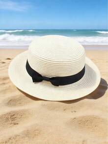 1顶波西米亚风女士法式拉菲草蝴蝶结草帽，夏季沙滩防晒巴拿马帽 - 彩色 - 查看 9