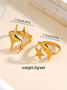 2pcs/Set Minimalist Star & Moon Design Stainless Steel Rings, Daily Wear Gift For Women - Gold - View 3