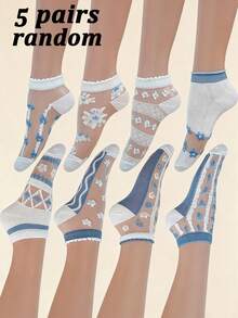 1/5 Pairs Random Transparent Blue & White Floral Low-Cut Socks, Breathable Invisible Socks, Suitable For Spring & Summer - Multicolor - View 6