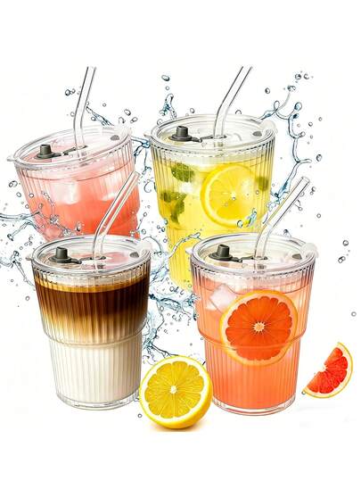 Bộ 4 cốc, 4 nắp, 4 ống hút. Cốc thủy tinh kẻ sọc dọc có ống hút và nắp, cốc cà phê đá/latte chất lượng cao.