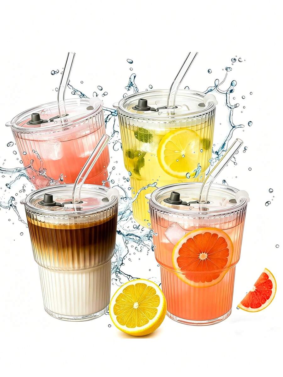 4个杯子，4个盖子，4根吸管，竖条纹玻璃吸管杯，带盖，高品质冰咖啡/拿铁杯 - 彩色 - 查看 1