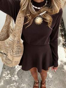 PoPoHouse Women's Solid Color Stand Collar Knit Dress, Elegant For Commuting In Winter And Spring - Brown - View 3