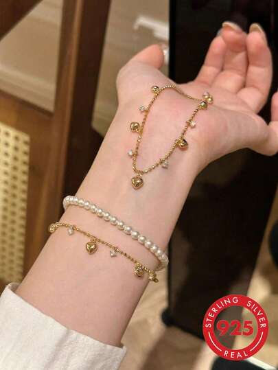 1 chiếc vòng tay bạc 925 hình trái tim đính kim cương lấp lánh, món quà thanh lịch để đeo hàng ngày, thiết kế độc đáo, trang sức dự tiệc cổ điển quyến rũ dành cho phụ nữ.