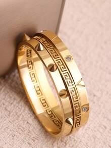 Bộ 3 vòng tay đinh tán mạ vàng sang trọng, 4 vòng tay đính pha lê có thể xếp chồng lên nhau, quà tặng trang sức thời trang dành cho nữ. - Vàng - Xem 5