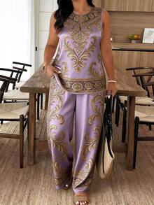 Purple Base Gold Scroll Pattern Position Print Women's Notch Neck Sleeveless Wide Leg Pants Set, Polyester Fabric, Lightweight & Breathable, Women's Clothing, Regular Women's Clothing, Women's Set, Plus Size Women's Clothing, Plus Size Two Piece Set - 彩色 - 查看 2