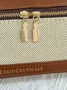SkinCeuticals 米色帆布化妆包 - 防刮防水旅行洗漱包，配皮革提手，大容量奢华收纳包，女士礼物 - 棕色 - 查看 7