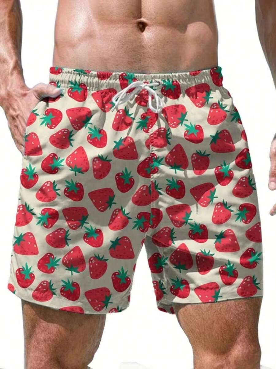 Digital Print Men'S Quick-Dry Beach Shorts - Lightweight Swim Trunks With Adjustable Drawstring Waistband, All-Over Strawberry Design - Suitable For Pool, Vacation, Summer Outfits (Men'S), Breathable And Comfortable, Fun Pattern - Multicolor - View 1
