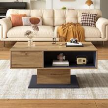 Coffee Table With Wood Grain Finish, Featuring A Handleless Drawer, A Storage Compartment, And A Rear Storage Compartment; Double-Sided Storage Space. Suitable For The Office Or Living Room; Ideal As A Coffee Table With Ample Storage. - 灰色 - 查看 5