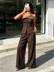 Strapless Bustier Set With Wide Leg Pants - Elegant Style For Women - Coffee Brown - View 4
