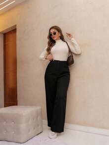 Calça de linho feminina com forro, alta cintura, reta, solta, leve e fresca(EA26) - Preto - Visão 5