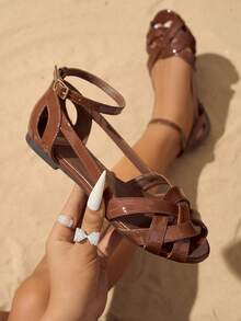 Giày sandal đế bằng nữ kiểu La Mã khoét rỗng với quai chữ T, quai ngang mắt cá chân, giày đế bằng khoét rỗng, giày nữ thoải mái bằng da giả, sandal dệt nhiều quai cho hoạt động ngoài trời, kỳ nghỉ, sandal đế bằng chống trượt hở mũi, giày lưới, sandal đế bằng khoét rỗng, sandal đế bằng nữ cho mùa hè - màu nâu - Xem 4