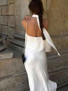 2pcs Elegant French Satin Halter Backless Ladies Set White Summer - 白色 - 查看 5