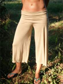 Fold Over Wide Leg Capri Pants For Women Low Rise Yoga Flare Culottes Y2k Flowy Crop Palazzo Gaucho Pants Summer Beach Bottom - 杏色 - 查看 1