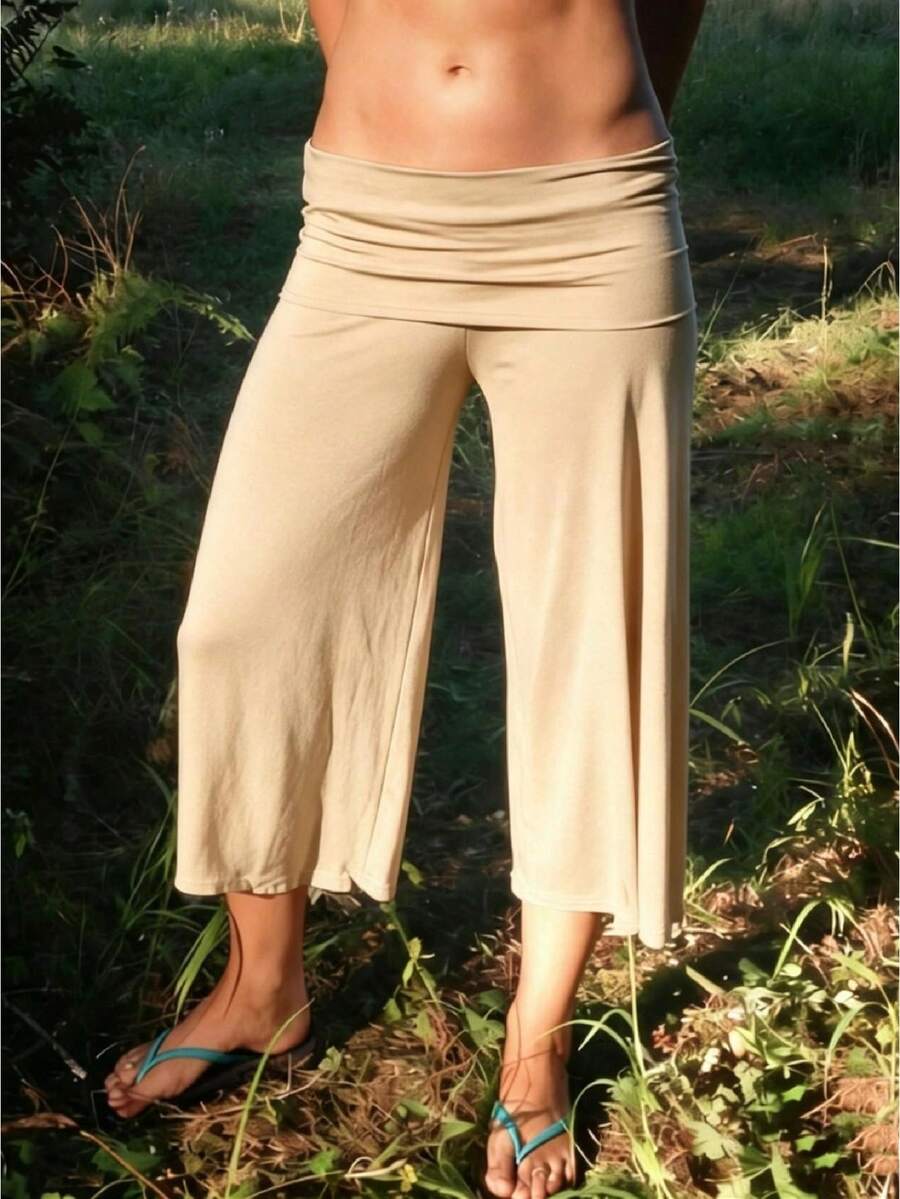 Fold Over Wide Leg Capri Pants For Women Low Rise Yoga Flare Culottes Y2k Flowy Crop Palazzo Gaucho Pants Summer Beach Bottom - 杏色 - 查看 1