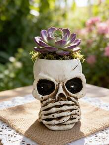 1PC Skull Resin Succulent Planter Set - Gothic "See No Evil, Hear No Evil, Speak No Evil" Design, Ideal For Succulents, Cacti & Small Plants. Perfect For Halloween Decor, Garden Shelves, Gothic Home Accents & Spooky-Themed Spaces.Planters,Flower Pot,Plant Pots ,Spring Decor,Home Decor,Vase - A - View 3