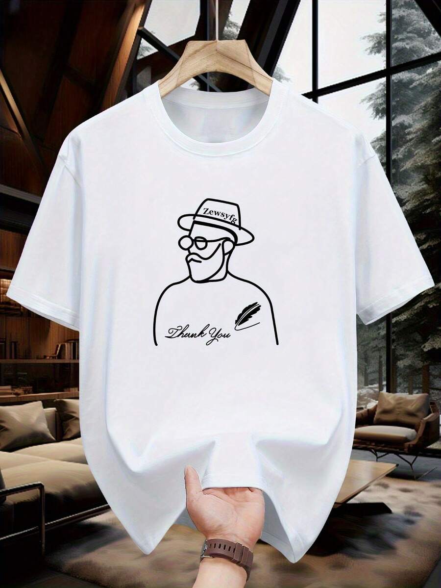 Camiseta de manga corta para hombre con diseño gráfico minimalista.Esta moderna camiseta con diseño artístico es transpirable y cómoda, perfecta para el uso diario.Tiene un estilo unisex para parejas e incluye un estampado de sombrero elegante. - Blanco - Ver 1