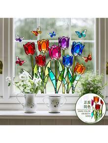 1pc Colorful Tulip & Butterfly Static Cling Window Film, Reversible Stained Glass Effect Decal For Kitchen, Bedroom, Sunlight Reflection - Multicolor - View 4
