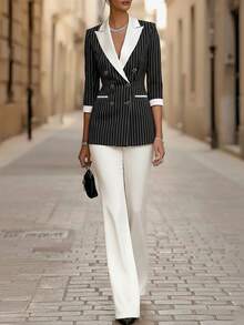 Women's Fashion 5-Sleeve Commuter Business Suit Set With Lining, Elegant Two-Piece Outfit Summer - Black and White - View 4
