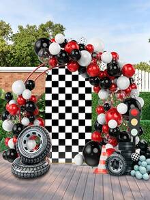Black And White Checkered Racing Theme Arch Backdrop, Suitable For Baby Shower Party, Birthday Party Decoration, Racing Theme Party, Football Party Decoration. Black And White Checkered Monster Truck Birthday Party Decoration Arch Backdrop, Stretchable Round Racing Arch Backdrop, Perfect For Children And Boys "Let's Race" Theme Party Supplies (Black And White) (Arch Frame Not Included) - Multicolor - View 4
