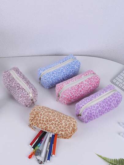 1 hộp đựng bút lông in họa tiết da báo phong cách Y2K sang trọng, túi đựng văn phòng phẩm mềm mại, dung tích lớn, túi đựng đồ trang điểm chất lượng cao dành cho học sinh.