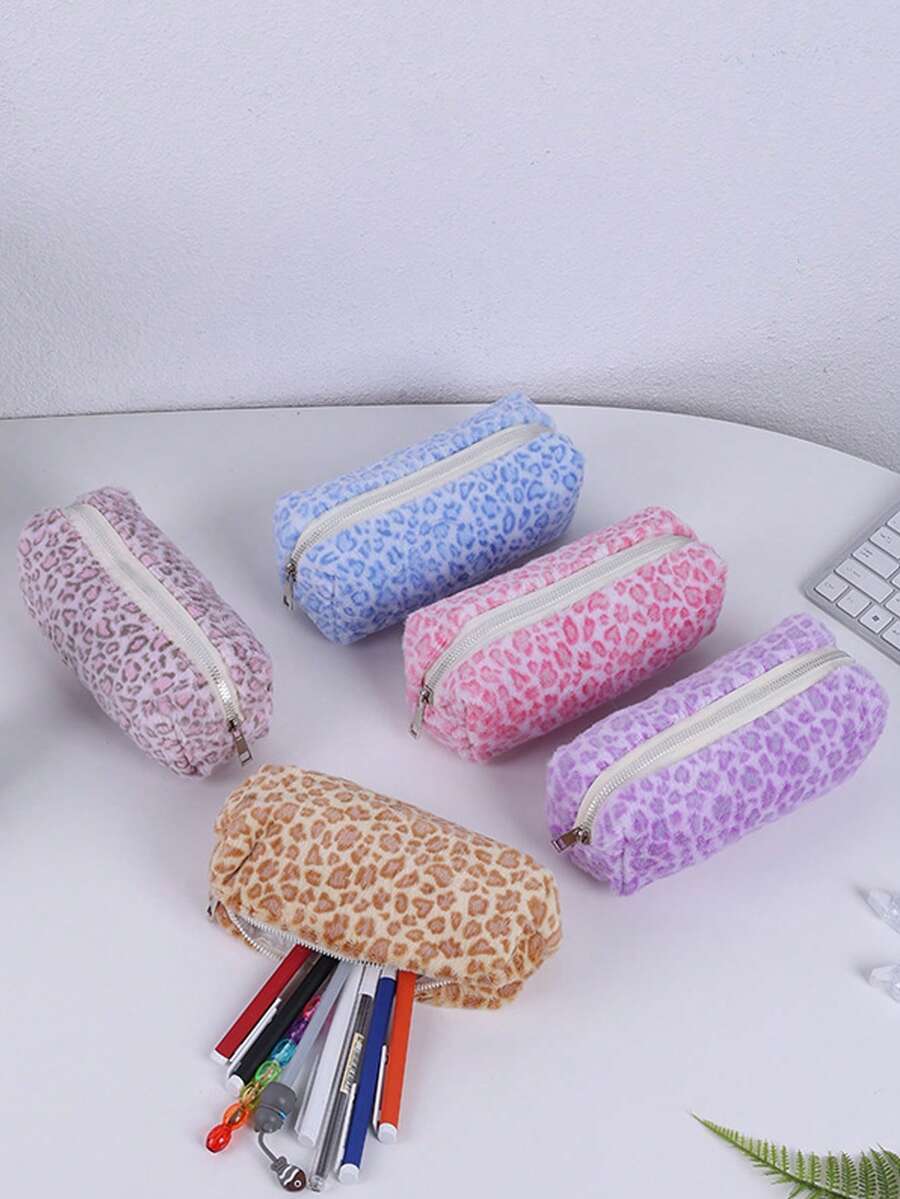 1 hộp đựng bút lông in họa tiết da báo phong cách Y2K sang trọng, túi đựng văn phòng phẩm mềm mại, dung tích lớn, túi đựng đồ trang điểm chất lượng cao dành cho học sinh. - Hộp đựng bút in họa tiết da báo - Xem 1