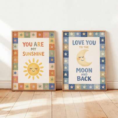 Tranh treo tường bằng vải canvas có khung, 1 bức, "You Are My Sunshine" và "I Love You To The Moon", tranh trang trí phòng trẻ em phong cách cổ điển, chủ đề mặt trời và mặt trăng, trang trí phong cách Boho, tranh poster phòng trẻ em phong cách mộc mạc retro, trang trí phòng trẻ em, trang trí phòng ngủ, trang trí phòng tắm, trang trí tiệc, trang trí ngày lễ, quà tặng Ngày của Mẹ, quà tặng cho trẻ sơ sinh.