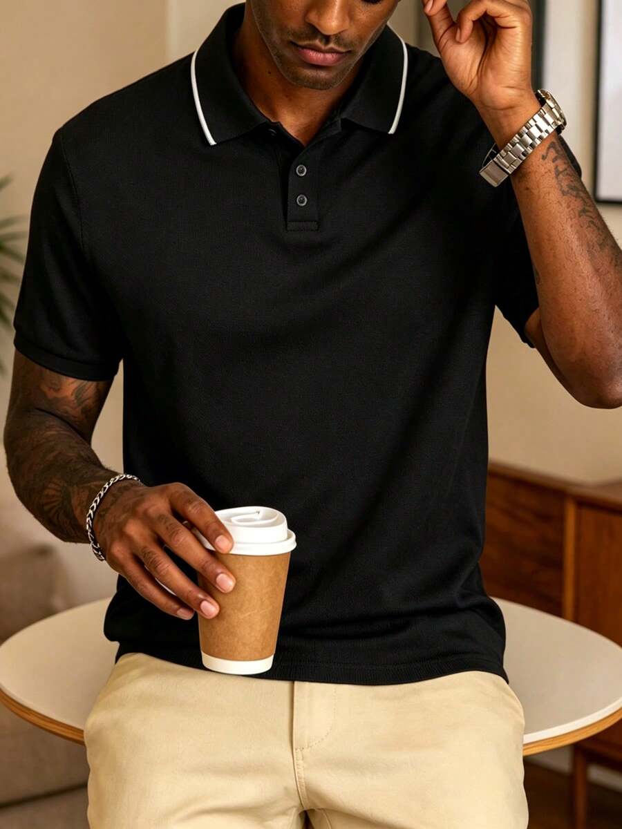 Men's Summer Casual Minimalist Business Polo Shirt, Suitable For Formal Occasions, Work Commute And Daily Wear Sports - Black - View 1