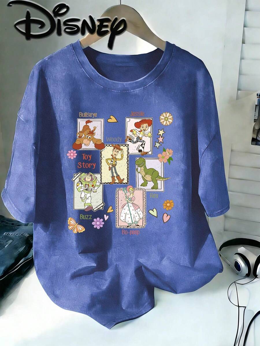 Disney Toy Story Character Grid Vintage Washed Brown Oversized Cotton T-Shirt, Extra Large Baggy Fit Tee For Women, Toy Story Fan Top - 藍色 - 查看 1