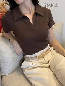 Women's Casual Elegant Polo Neck Shirt BlouseCasualElegantCuteCottonOffice - 鏽棕色 - 查看 1