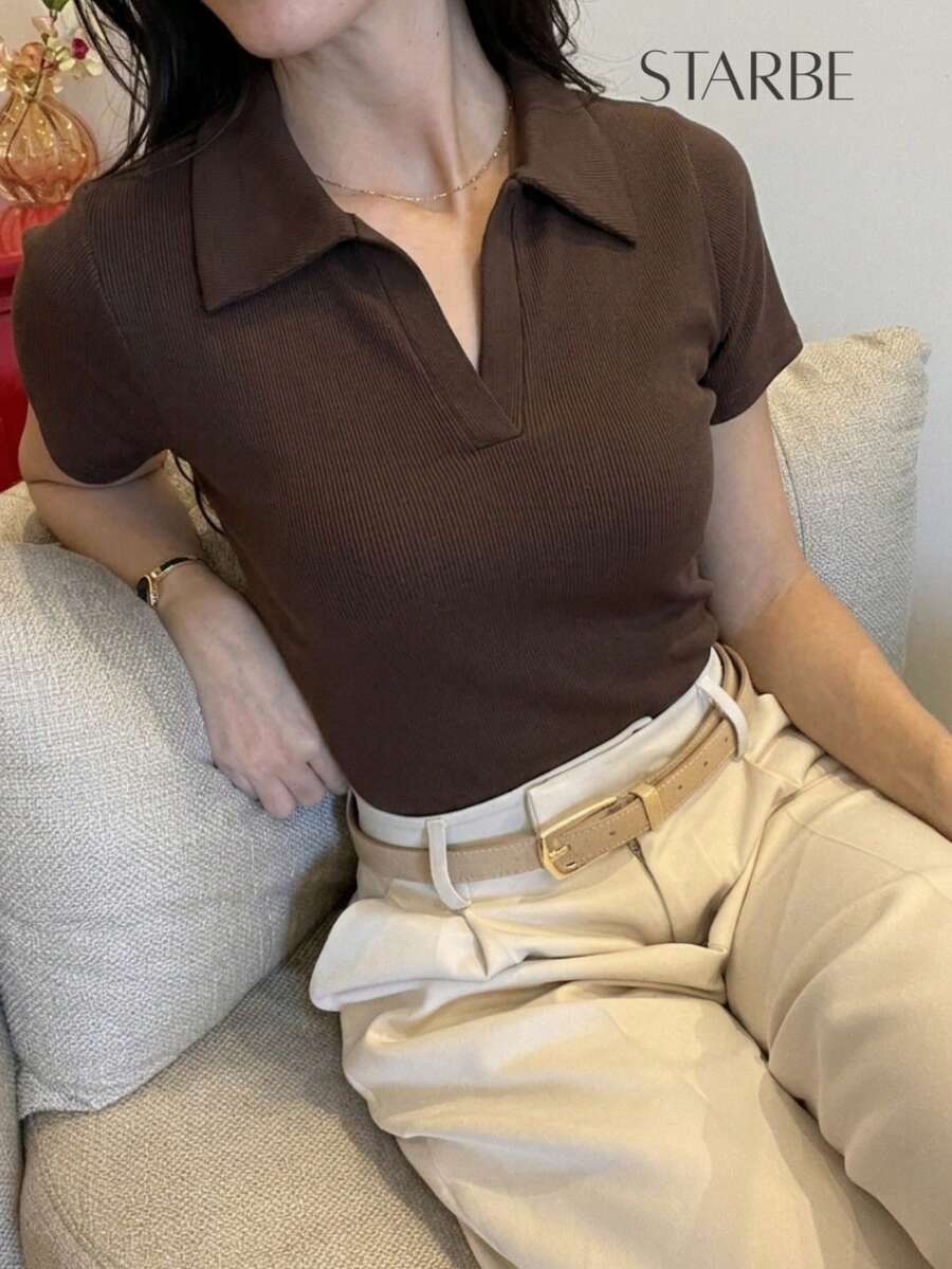 Women's Casual Elegant Polo Neck Shirt BlouseCasualElegantCuteCottonOffice - 鏽棕色 - 查看 1
