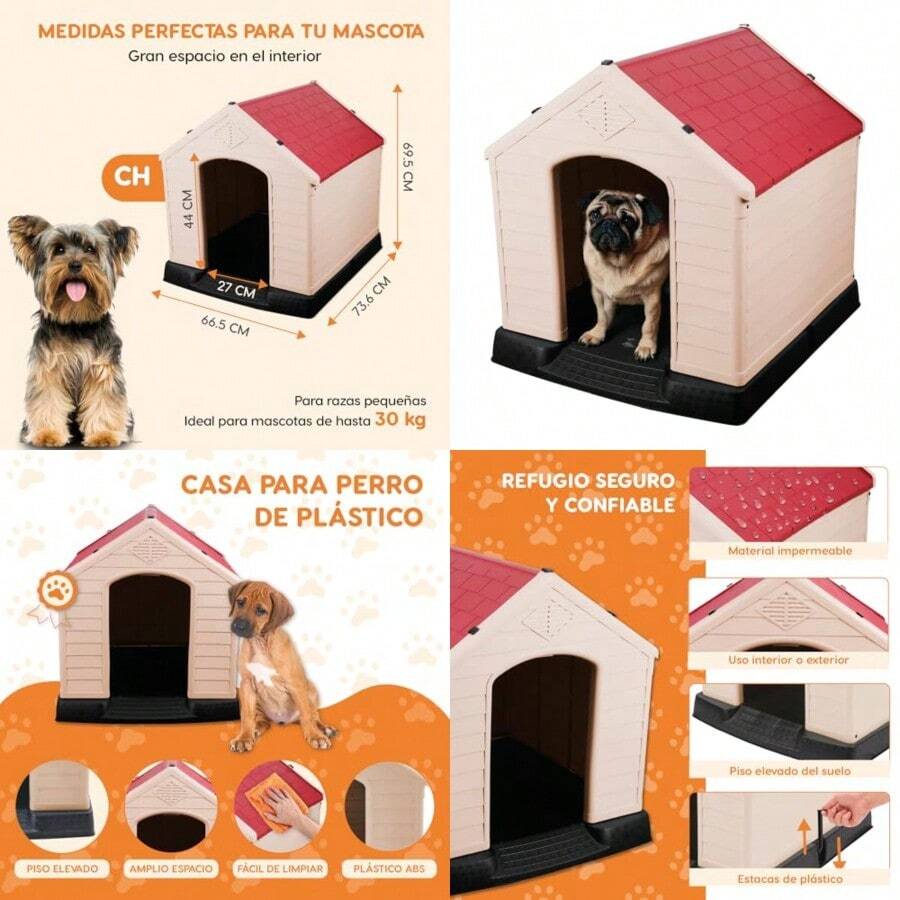 Casa de plástico para Perros casa Duradera para Perros pequeños medianos y Grandes con Suelo Elevado y Rejillas de ventilación ventila fácil de Limpiar y Montar Dog Kennel - Rojo - Ver 1