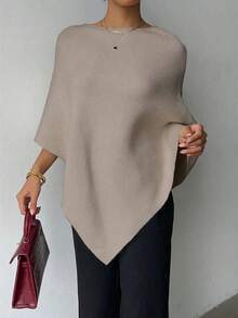 Poncho de suéter de moda minimalista, unicolor acanalado, uso diario, otoño/invierno primavera - Caqui - Ver 3