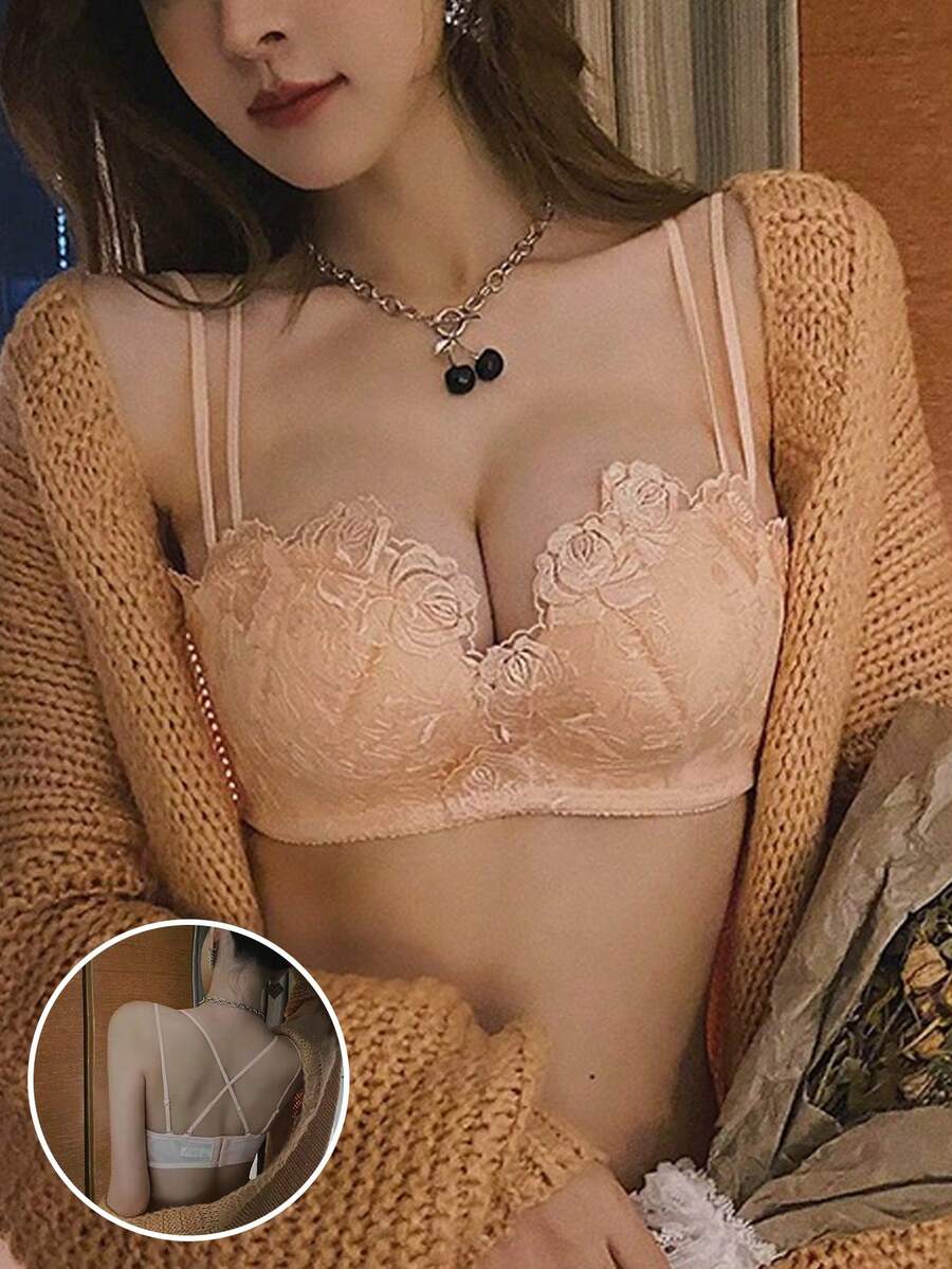 女士粉色蕾丝文胸，提拉丰满小胸，性感露背文胸 [适合娇小胸型] - 淺粉色 - 查看 1